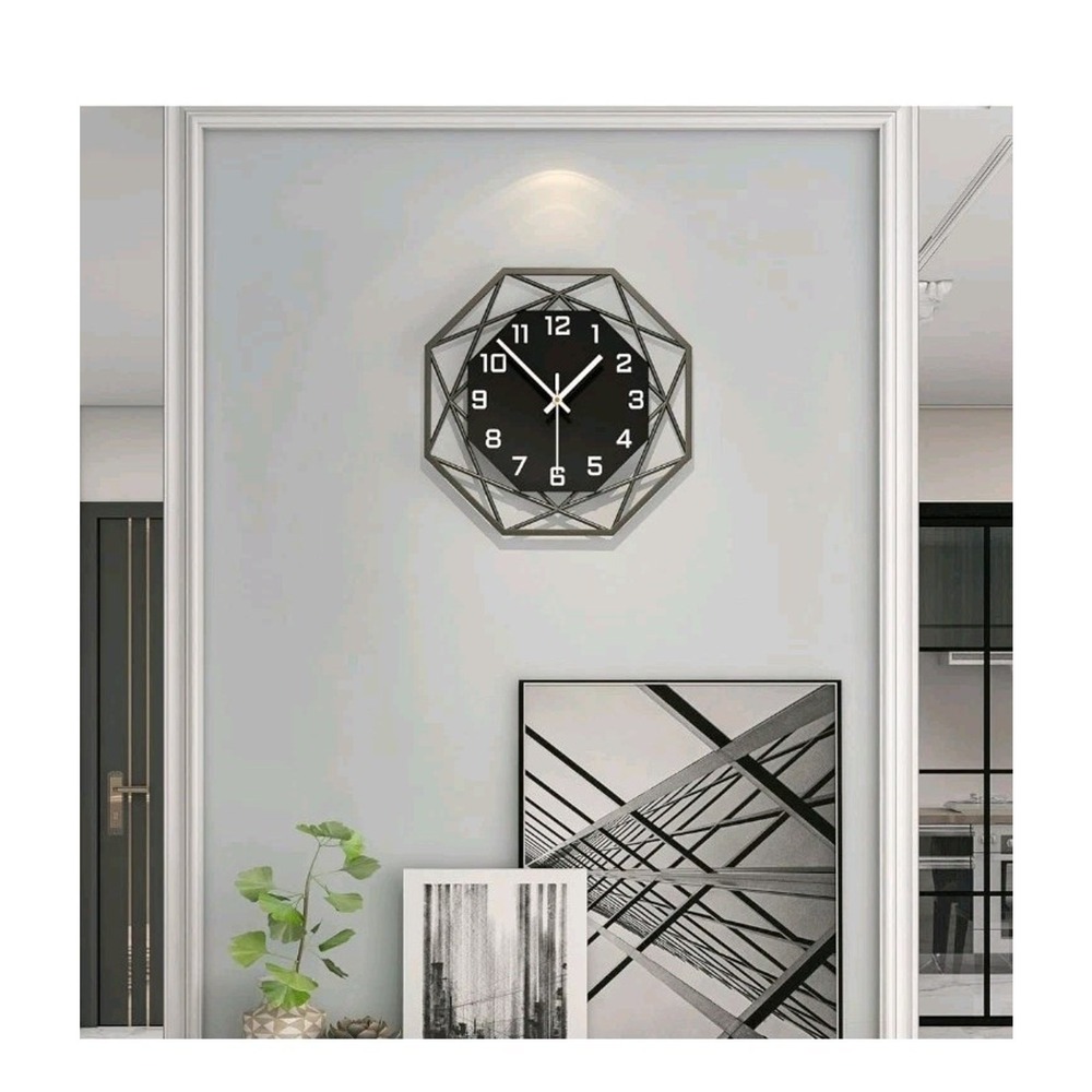 Modern Black Wall Clock 12in Silent Non-Ticking Geometric Metal Farmhouse Decor